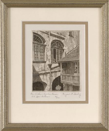 Eugene F. Loving (American/Louisiana, 1908-1971): Eugene F. Loving (American/Louisiana, 1908-1971) "Fan Windows-Napoleon House Old New Orleans", black and white etching, edition of 100, sight 6" x 4-1/2". Glazed, linen-matted and presented in a molde