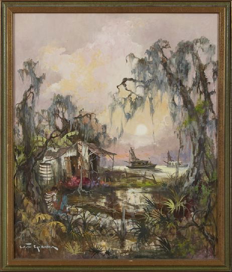 Colette Pope Heldner (Louisiana, 1902-1999): Colette Pope Heldner (American/Louisiana, 1902-1999) "Swamp Idyll", oil on canvas, signed lower left "Colette Pope Heldner", titled and signed on the reverse, 36" x 30". Handsomely framed.