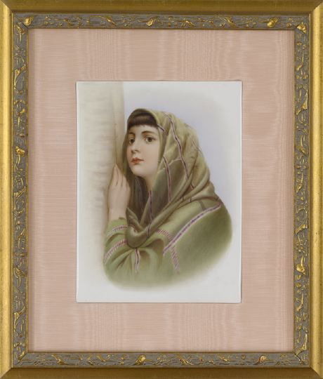 A KPM Porcelain Plaque,: A KPM Porcelain Plaque, ca. 1900, in the orientalist taste, the verso stamped "KPM" beneath a sceptre, depicting a pensive beauty in green headscarf and robe, plaque 8-1/4" x 6-1/8", overall 14-1/2" x
