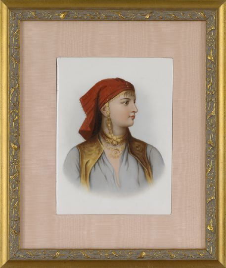 A KPM Porcelain Plaque,: A KPM Porcelain Plaque, ca. 1900, painted in the orientalist taste, the verso inscribed "KPM" beneath the sceptre, depicting a beauty in red headscarf and vest, her person adorned with necklaces and j