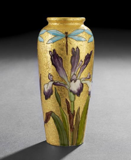 Sevres Enameled Faience Vase,: Sevres Enameled Faience Vase, early 20th century, probably by Paul Milet, cloisonne-style enamel dragonflies ringing the shoulder with irises rising from the base, all on an enameled gold foil ground,