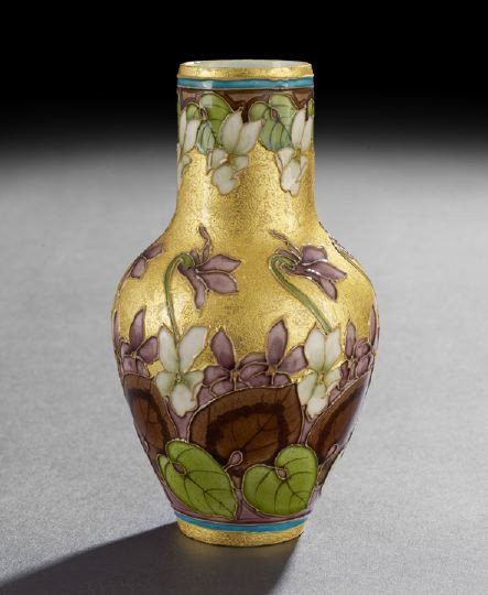 Sevres Enameled Faience Vase,: Sevres Enameled Faience Vase, early 20th century, probably by Paul Milet, of baluster form, a profusion of cloisonne-style enameled violets on an enameled gold foil ground, with an indistinct signatur
