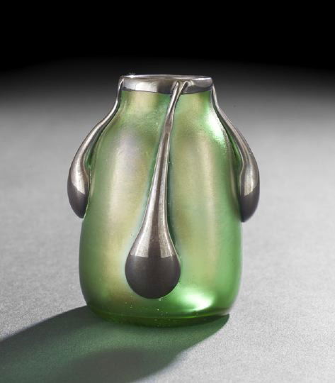 Diminutive Iridescent and Silver-Drip Art Glass: Diminutive Green Iridescent and Silver-Drip Overlay Art Glass, early 20th century, attributed to Loetz, having a polished pontil, unmarked, h. 3-1/2".