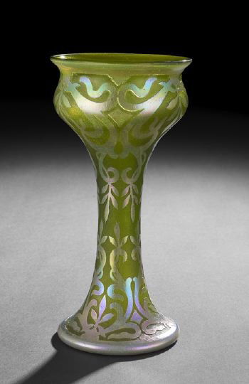 Acid-Cut Green Iridescent Art Glass Vase: Fine Elaborately Acid-Cut Green Iridescent Art Glass Vase, early 20th century, attributed to Loetz, unsigned, h. 10", dia. 5".