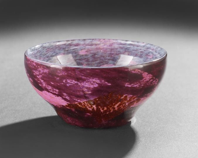 Daum Nancy Circular Cameo Glass Bowl,: Daum Nancy Circular Cameo Glass Bowl, early 20th century, having a mottled burgundy and purple ground with orange foil, signed "Daum Nancy" with the Cross of Lorraine, h. 2", dia. 4-1/4".