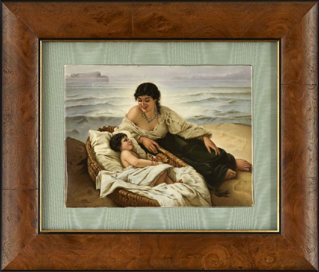 KPM Porcelain Plaque: A KPM (Kinglische Porzellan-Manufaktur, Berlin) Porcelain Plaque, ca. 1900, the verso with the impressed "KPM" mark beneath a sceptre, depicting a semi - recumbant beauty gazing upon an infant in a wo