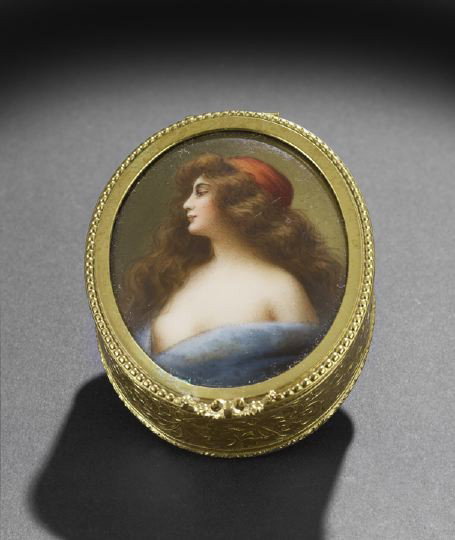 Continental Enameled Porcelain Trinket Box: Small Continental Gilt-Metal and Enameled Porcelain Trinket Box, 20th century, of oval form, the gilt body decorated with milled rinceaux, the hinged lid set with an enameled porcelain portrait plaque