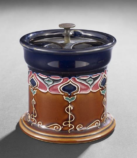 Art Nouveau High-Glazed Pottery Humidor: Interesting Art Nouveau High-Glazed Pottery Humidor, early 20th century, the exterior decorated in cobalt, magenta, green and bronze glazing, the lid retaining its original locking clamp, h. 5-1/4", d