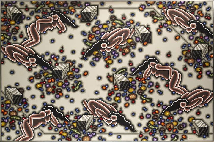 Robert Gordy (American/Louisiana, 1933-1986): Robert Gordy (American/Louisiana, 1933-1986) "Arcadian Still Life with Females", 1971, acrylic on canvas, initialed and dated lower right "RG '71", titled, dated and signed on stretcher verso, with ga