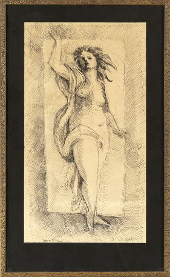 Robert Gordy (American/Louisiana, 1933-1986): Robert Gordy (American/Louisiana, 1933-1986) "Helios Female", ink on paper, initialed and dated lower right "R.G. '69", titled lower left, sight 18" x 9-1/2". Glazed, matted and framed. Provenance: Gi