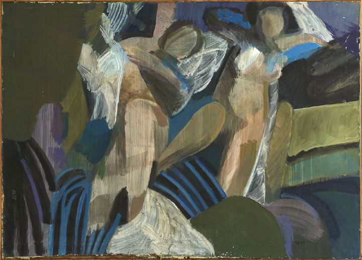 Robert Gordy (American/Louisiana, 1933-1986): Robert Gordy (American/Louisiana, 1933-1986) "Interior Scene with Nudes" pair of oils on canvas, one initialed and dated lower right "R.G. '58", 50" x 69" and 50" x 71-3/8". Both framed. Provenance: G