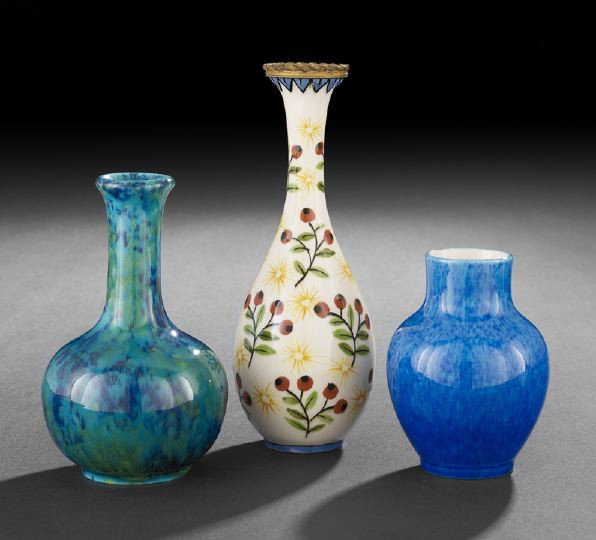Three Sevres, France, Faience Vases: Collection of Three Sevres, France, Faience Vases, early 20th century, all high glaze, comprised of a stick neck vase in mottled teal and cobalt, signed in black underglaze : "P.M./SEVRES/Made In Fran