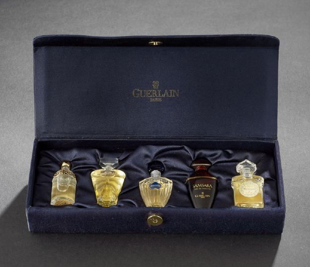 Cased Sampler of Guerlain, Paris Eaux de Toilette: Cased Sampler of Guerlain, Paris Eaux de Toilette, including five miniature (7.5 or 5 ml.) bottles of their most popular scents, including Mitsouko (introduced 1919), Shalimar (1925), Samsara (1989),