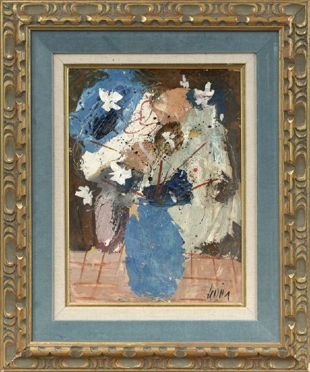 Charles Levier (French, 1920-2004): Charles Levier (French, 1920-2004) "Floral Still Life in a Blue Vase", oil on board, signed lower right, 17" x 13". Presented in a parcel-gilt frame with a felt liner.