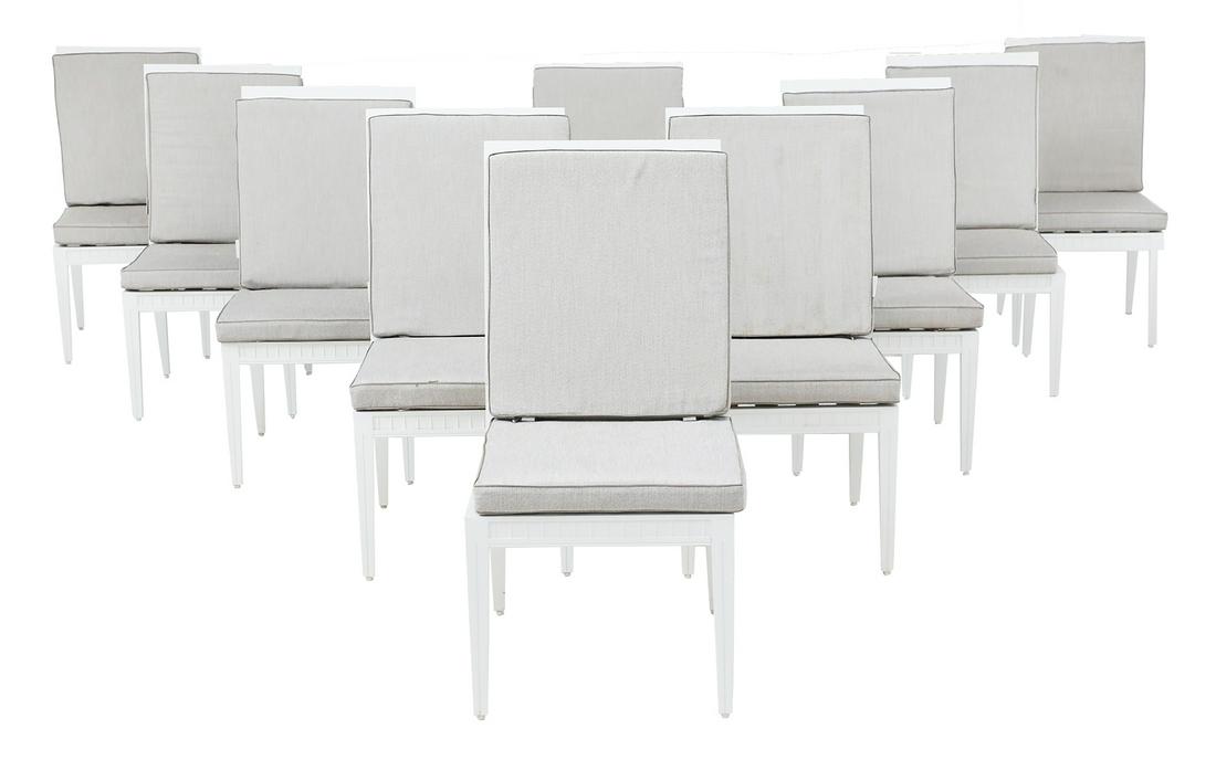 Orlando Diaz-Azcuy Aluminum Garden Chairs: Suite of Ten Orlando Diaz-Azcuy for JANUS et Cie Aluminum Garden Chairs in the "Savannah Collection" pattern, labeled, each cast chair with a rectilinear back centered by an oval metal mesh panel, wit
