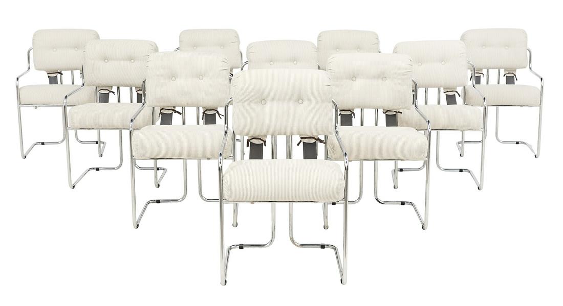 Guido Faleschini "Tucroma" Armchairs: Guido Faleschini for Pace, Suite of Ten "Tucroma" Armchairs executed in chromed steel with leather straps and white boucle upholstery, with a padded back cushion joined to the seat by leather strapwor