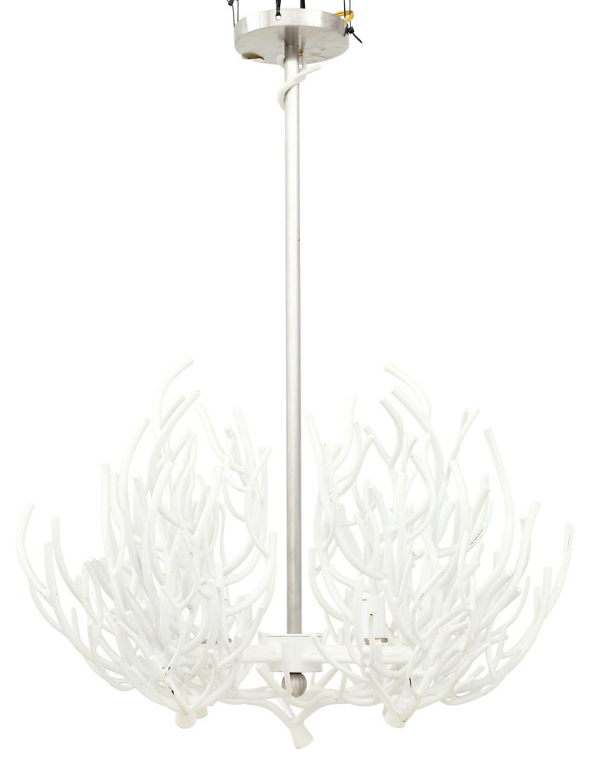 Contemporary Faux Coral and Steel Chandelier: Contemporary Faux Coral and Brushed Steel Chandelier 20th century, the four-light chandelier with four branches of enamel metal "coral" concealing sockets, supported on a brushed steel standard. h. 35