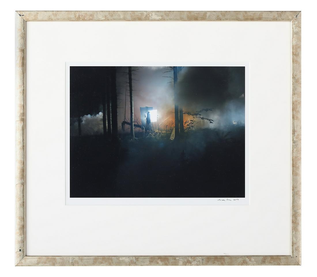Gregory Crewdson (USA, b. 1962): Gregory Crewdson (American, b. 1962) "Production Still - Man in the Woods #2", 2003 chromogenic print signed and dated lower right. Matted, glazed and framed. sight 12-1/4" x 16-3/4", framed 23-1/2" x