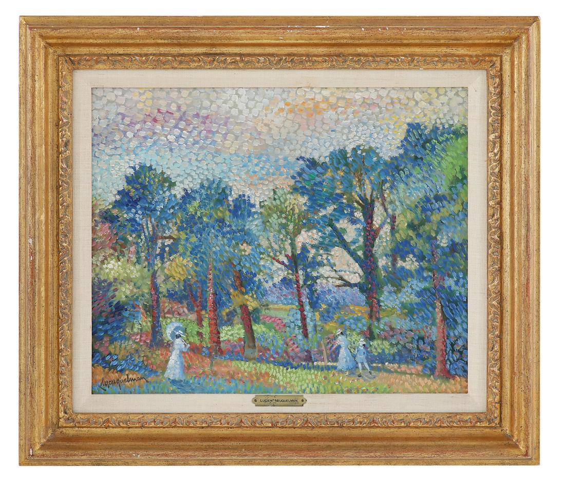 Lucien Neuquelman (French, 1909-1988): Lucien Neuquelman (French, 1909-1988) "Promenade a 'Oree du Bois" oil on canvas signed lower left, verso with "Wally Findlay Galleries" label. Period frame. 15-1/2" x 18-1/2", framed 21-1/4" x 24-1/4"