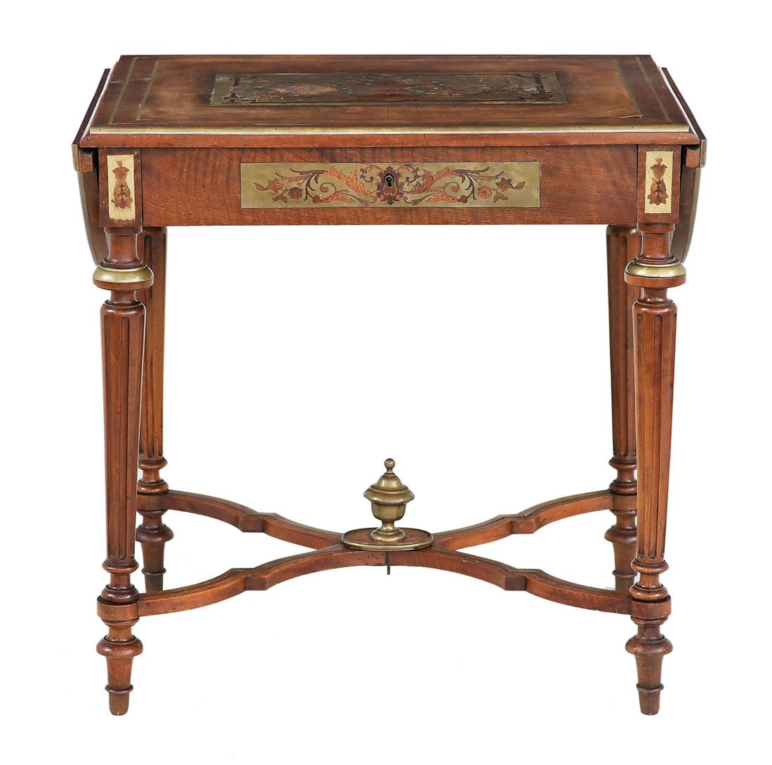 Napoleon III Fruitwood Sofa Table: Napoleon III Fruitwood Sofa Table late 19th century, in the Louis XVI taste, the rectangular top with an inlaid brass banding surrounding an inlaid and pierced brass panel, featuring an urn among scro
