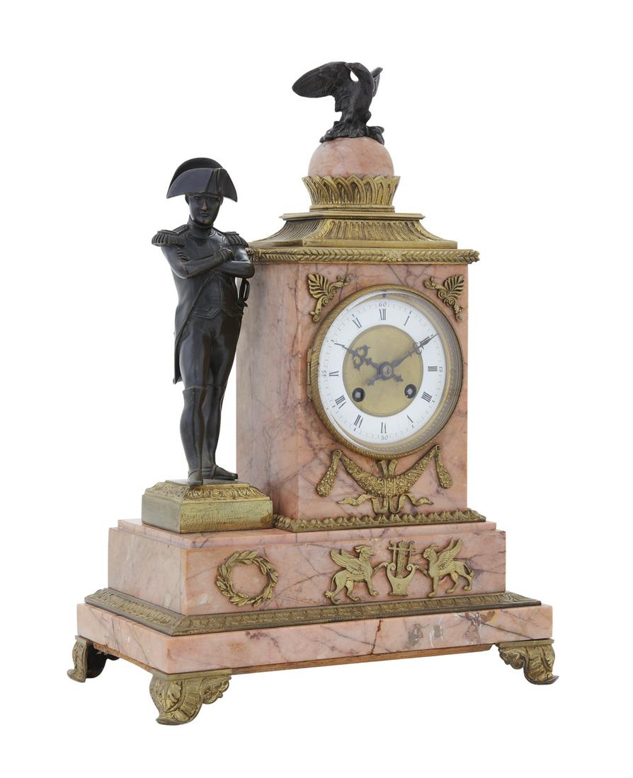 French Napoleonic Marble and Bronze Clock: French Napoleonic Marble and Bronze Clock fourth quarter 19th century, in the Empire taste, the mauve-veined pink marble body with a patinated bronze figure of Napoleon standing adjacent to the clock 