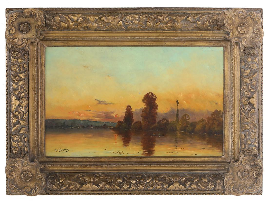 Henri Jacques Delpy (French, 1877-1957): Henri Jacques Delpy (French, 1877-1957) "Boating at Sunset" oil on wood panel signed lower left. Framed. 15-3/4" x 24", framed 23" x 33" Provenance: Collection of Rosemary James, New Orleans, Louisian