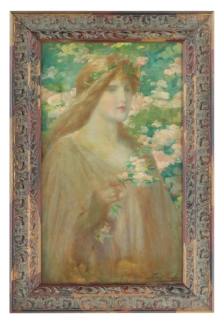 Robert Fowler, R.W.S., R.I. (British, 1853-1926): Robert Fowler, R.W.S., R.I. (British, 1853-1926) "Flora" oil on canvas signed lower right. Framed. 20" x 12", framed 24" x 16-3/8" Provenance: Collection of Rosemary James, New Orleans, Louisiana.