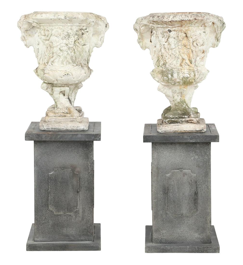 Pair of Cast Stone Garden Urns on Metal Pedestals (1 of 3)