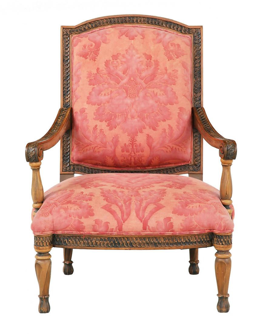 Louis XVI-Style Fruitwood Fauteuil: Louis XVI-Style Fruitwood Fauteuil of large proportions, the padded and domed back within a guilloche-carved frame, joined by like-carved arms to the padded seat, raised on molded circular legs ending