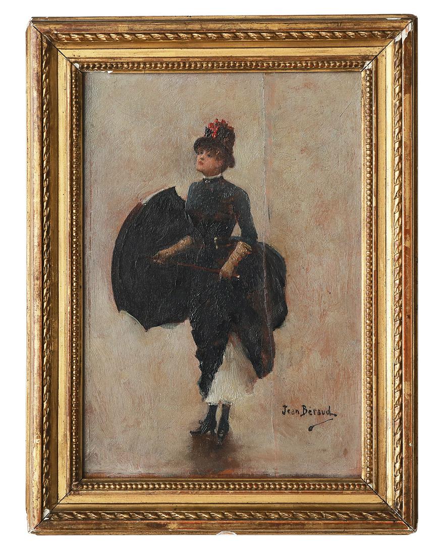 Jean Beraud (French, 1849-1935): Jean Beraud (French, 1849-1935) "La Parisienne" oil on wood panel signed lower mid-right, and auction stickers and "TOILES a PEINDRE & COULEURS FINES MOIRINAT PARIS 184 Faubourg Saint Honore" stamp en