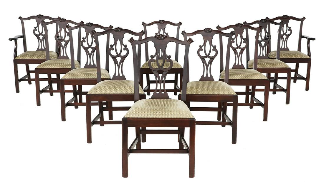 Ten George III-Style Mahogany Dining Chairs: Suite of Ten George III-Style Mahogany Dining Chairs consisting of two armchairs and eight side chairs, each with a shaped and earred crest above a pierced and interlacing splat, the arms with outswep