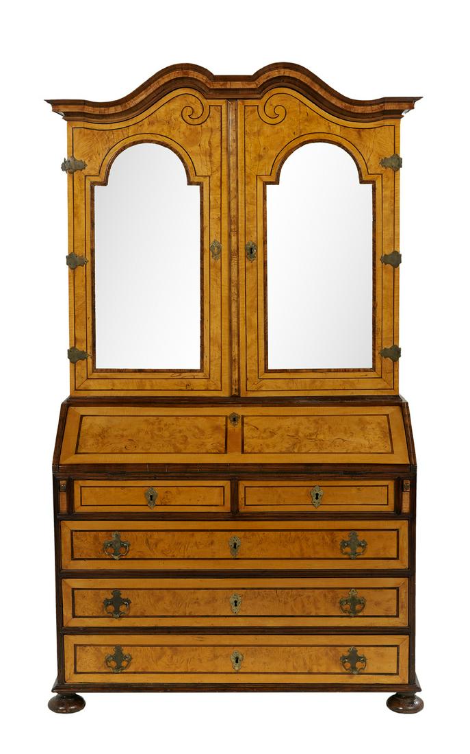 Continental Maple and Burlwood Secretary: Continental Maple and Burlwood Secretary 18th century, the molded and double-domed cornice above a conforming case fitted with two mirrored doors, opening to an arrangement of fourteen drawers centeri
