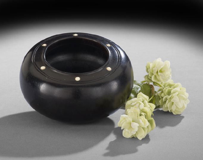 Chinese Zitan and Ivory Game Counter Holder: Good Chinese Carved Zitan and Ivory Game Counter Holder, of circular outline with in-curved rim opening to a circular well, the edge of the rim inlaid with six circular ivory cabochons, the base with