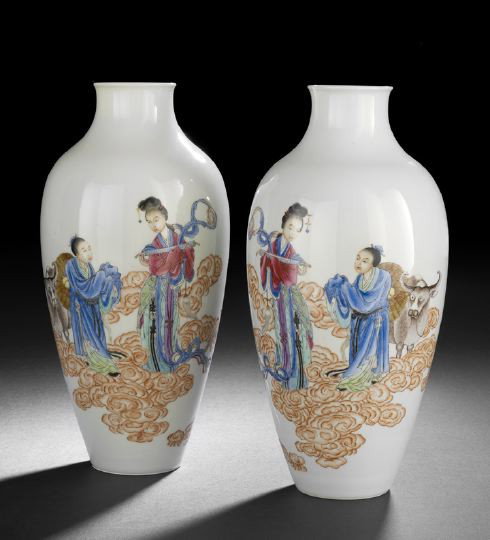 Good Pair Chinese Famille Rose Baluster Vases: Good Pair Chinese Famille Rose Baluster Vases, Republic Period (1908-1949), finely enameled depicting Zhi Nu, daughter of the Jade emperor, and Niu Lang, a cowherd, and his ox in a scene from China's 