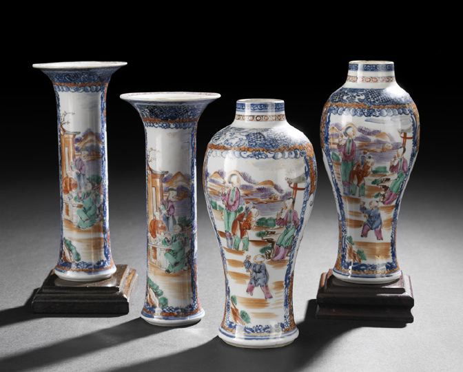 Chinese Export Porcelain Part Garniture Set: Chinese Export Porcelain Part Garniture Set, 18th century, composed of two trumpet vases and two baluster vases, each decorated in Famille Rose enamels with alternating figural and naturalistic reserv