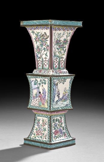 Chinese Canton-Style Enamel Vase: Chinese Canton-Style Enamel Vase, 20th century, the copper base in the form of a squared Gu vase, the body with painted enamel decoration of figures and floral decoration within geometric borders agai