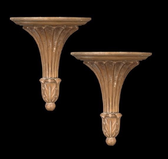 Pair of Italian Neoclassical-Style Brackets: Pair of Italian Neoclassical-Style Carved Wood Brackets, the half-rung shelf supported by the fluted-and-leaf-carved bracket, h. 11-3/4", w. 10", d. 5".