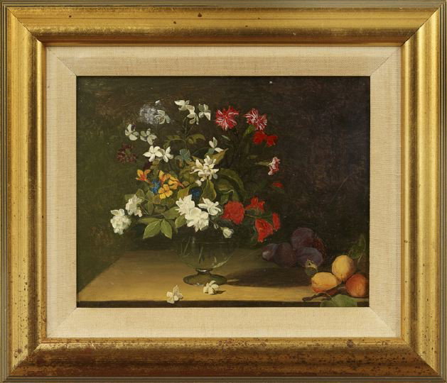 Continental School (Fourth 20th Century): Continental School (Fourth 20th Century) "Floral Still Life in a Glass Vase", oil on panel, unsigned, 8" x 9-1/2". Framed.