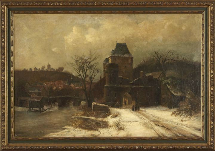Continental School (Fourth Quarter 19th Century): Continental School (Fourth Quarter 19th Century) "View of a Riverside Village with Figures Walking on a Snow Covered Road", oil on canvas, unsigned, 26-1/2" x 39-1/2" Handsomely framed.