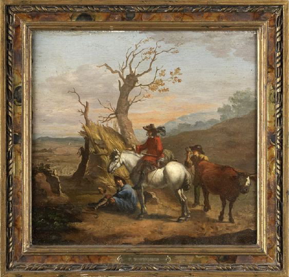Circle of Philips Wouwerman (Dutch, 1619-1668): Circle of Philips Wouwerman (Dutch, 1619-1668) "Travelers Resting on a Hilltop", oil on panel, unsigned, with artist's biography affixed to panel verso, 11" x 11-3/4". Presented in a later giltwood fr