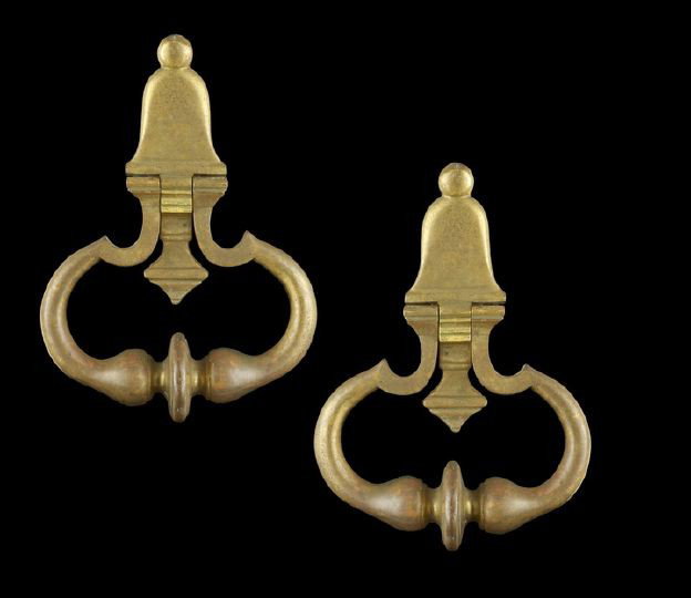 Pair of Cast-Brass Georgian-Style Door Knockers: Pair of Heavy Cast-Brass Georgian-Style Door Knockers, the oval knocks suspended from a bell-shaped backplate, h. 10-3/4", w. 7-3/4".