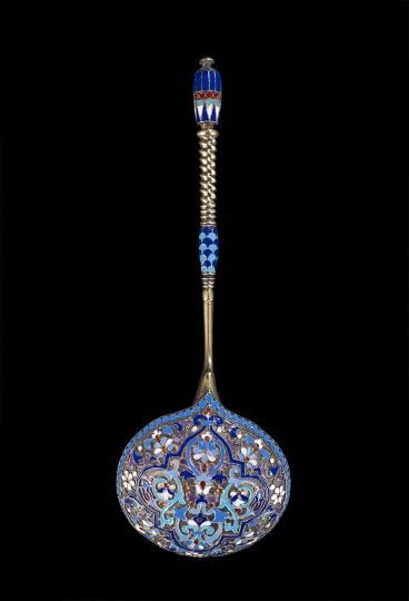 Alexander III Silver Gilt and Cloisonne Spoon: Alexander III 84 Zolotnik (.875) Silver Gilt and Cloisonne Enamel Spoon, marked Moscow, 1888, by Gustav Klingert, the slightly elliptical bowl decorated with elaborate enamel arabesques and flowers wh