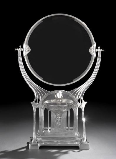 WMF Silverplate Art Nouveau Shaving Stand: WMF Silverplate Art Nouveau Shaving Stand, first quarter 20th century, by the Wurttemburgische Metallwarenfabrik, Geislingen, Germany, in the form of a lavabo, the spout an armored lion's head above a