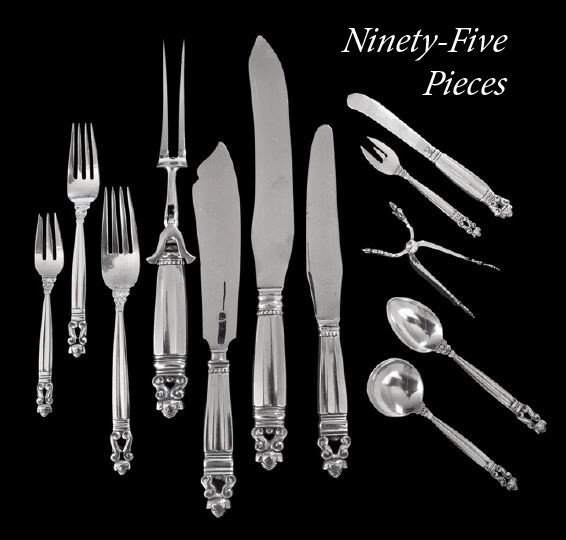 95 Pieces of Jensen "Acorn" Pattern Flatware: Ninety-Five Pieces of Georg Jensen Sterling Silver "Acorn" Pattern Flatware, the pattern designed in 1915 by Johan Rhode (1856-1935), Copenhagen, Denmark, complete for twelve persons, including twelve