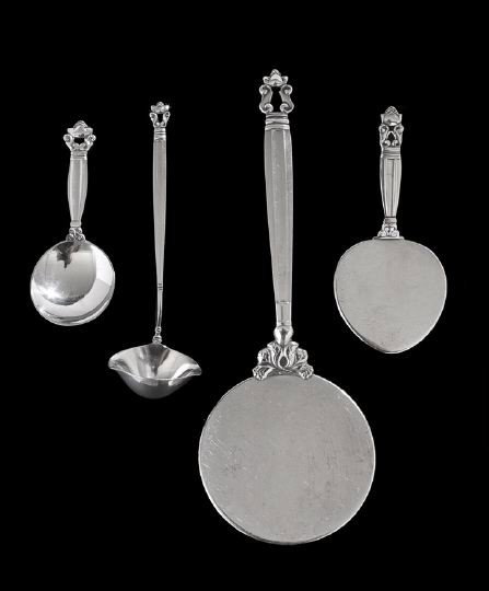 Four Georg Jensen "Acorn" Pattern Serving Pieces: Four Georg Jensen Sterling Silver "Acorn" Pattern Serving pieces, the pattern designed in 1915 by Johan Rhode (1856-1935), Copenhagen, Denmark, with the post-1945 Jensen mark, including a tomato serve