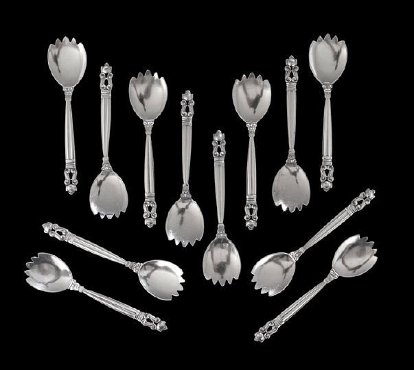 Twelve Jensen "Acorn" Pattern Ice Cream Forks: Rare Set of Twelve Georg Jensen Sterling Silver "Acorn" Pattern Ice Cream Forks, the pattern designed in 1915 by Johan Rhode (1856-1935), Copenhagen, Denmark, with the post-1945 Jensen mark, l. 5-1/2"