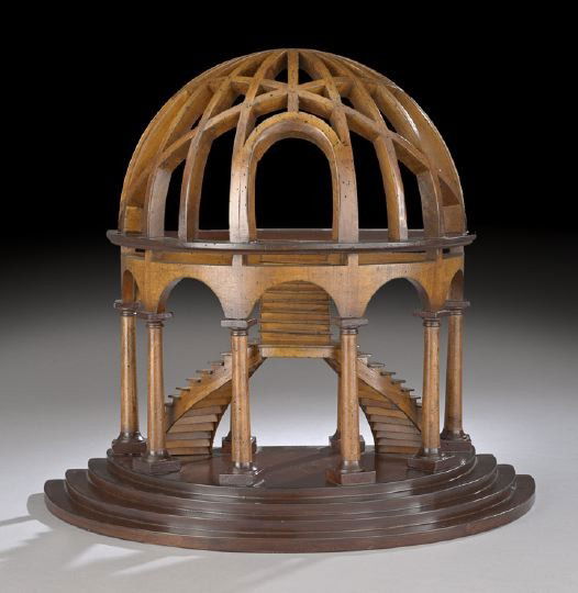 Architect's Model of a Winged Staircase: Architect's Model of a Winged Staircase, composed of fruitwood and mahogany, the staircase modeled within a demi-lune domed bay in the Renaissance style, h. 16", w. 18", d. 10".