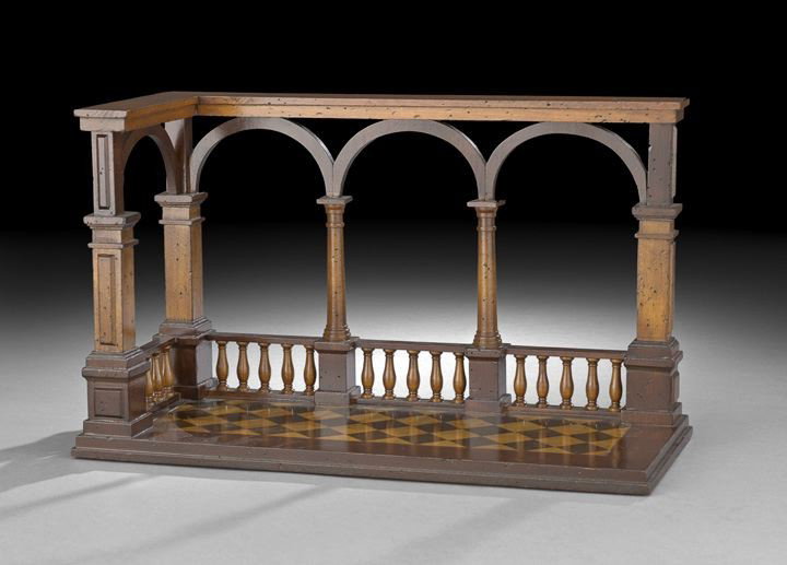 Italian Architect's Model of an Arcaded Loggia: Italian Architect's Model of an Arcaded Loggia, composed of fruitwood and mahogany in the Renaissance style, the paved floor stenciled in deep brown and birch, h. 9-1/2", w. 16", d. 7".