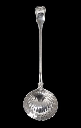 Regency Sterling Silver Punch Ladle: Regency Sterling Silver Punch Ladle, hallmarked London, 1812-1813, by Eley, Fearn & Chawner, in the traditional "Fiddle Thread and Shell" pattern, with coquille bowl, the handle engraved with the cres