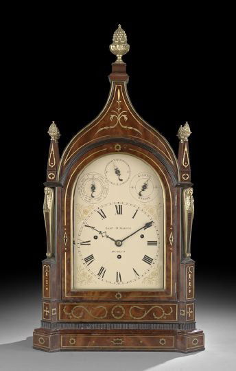 Impressive Musical Irish Regency Bracket Clock: Impressive Musical Irish Regency Bracket Clock first quarter 19th century, the gothic-arched-case, in a style inspired by Horace Walpole's, Strawberry Hill, is brass-inlaid and crowed with four obelis